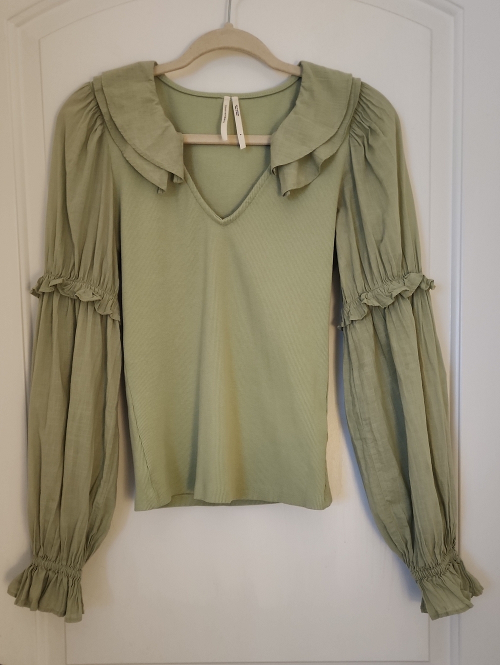 Anthropologie Light Sage V-Neck Ruffle Collar Long Sleeve Top